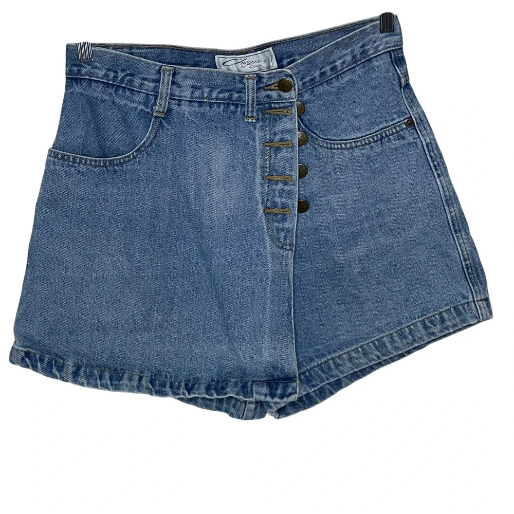 Vintage Chazz Denim Skort Medium Wash Button Front Y2K Mini Jean Skirt Shorts  9